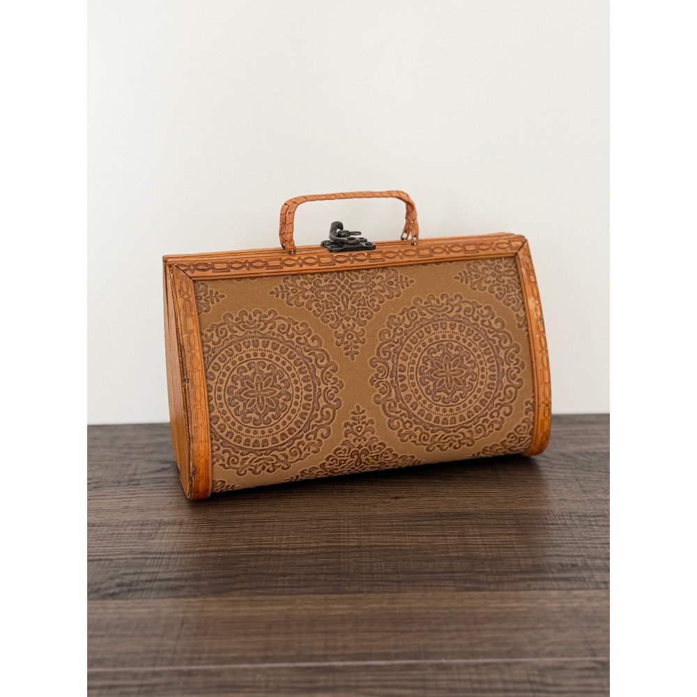 Vintage Wooden Barrel Box Purse Embossed Boho Hippie Artisan Handbag